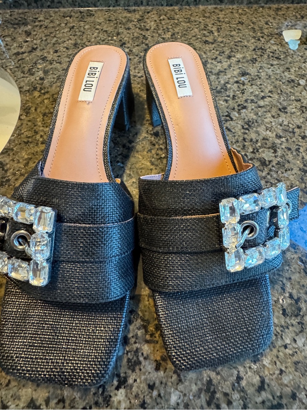 BIBI LOU Black Crystal-Buckle Slide Heels